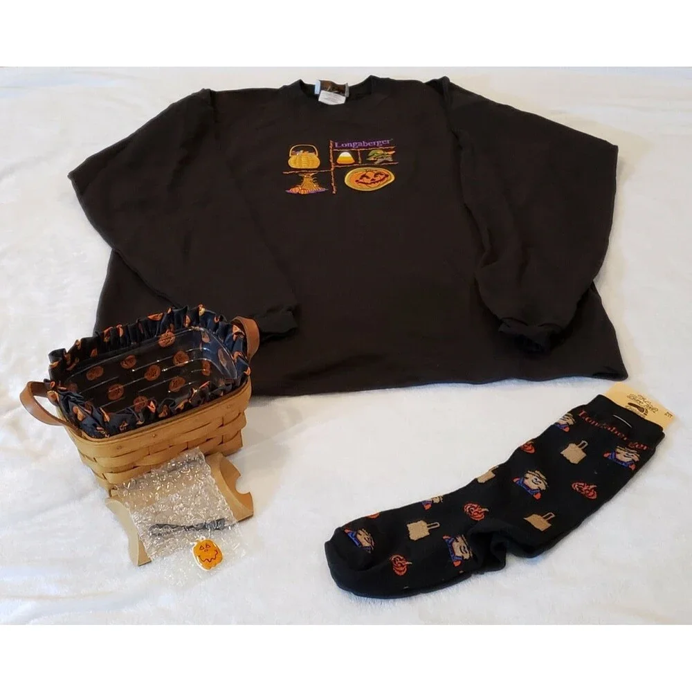 COMBO: 1993 Longaberger Tea Basket, LB Halloween Sweatshirt & LB Halloween Socks